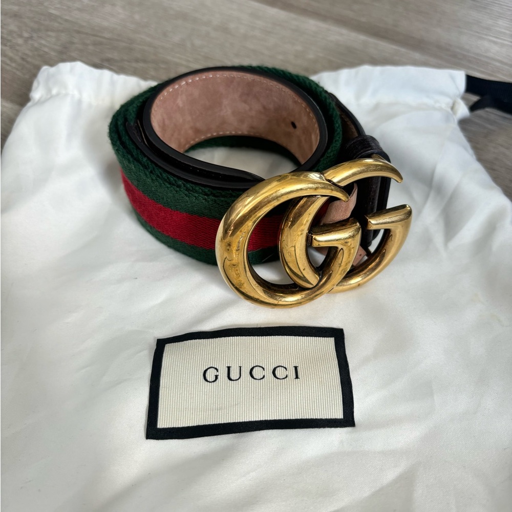 GUCCI Nylon Textured Calfskin Double G Web 40mm Belt 90 36 Green Red Dark Cocoa